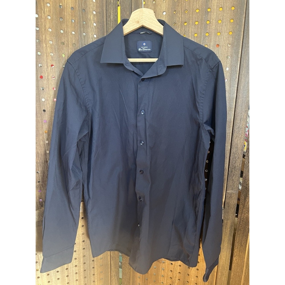 Ben Sherman Shirt Mens L 16 34/35 Navy Blue Textured Button Up Long Sleeve